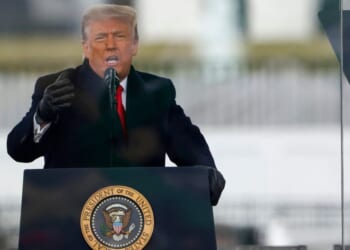 President Donald Trump speaks at the "Stop The Steal" Rally on Jan. 6, 2021, in Washington, D.C. A judge has ordered Trump to give a deposition in his lawsuit against the BBC over a deceptively edited version of the speech he made that day.
