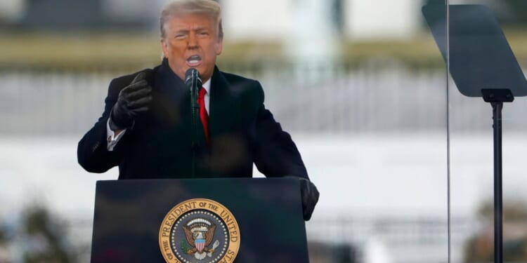 President Donald Trump speaks at the "Stop The Steal" Rally on Jan. 6, 2021, in Washington, D.C. A judge has ordered Trump to give a deposition in his lawsuit against the BBC over a deceptively edited version of the speech he made that day.