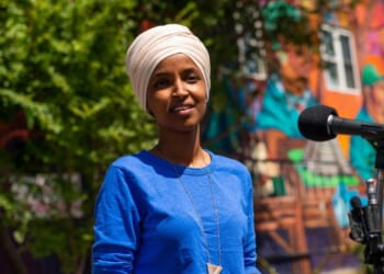 Rep. Ilhan Omar speaks with media gathered outside Mercado Central on Aug. 11, 2020, in Minneapolis, Minnesota.