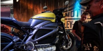 Motorcycle enthusiasts examine an electric motorcycle manufactured by Harley-Davidson displayed during the seventh edition of the annual "Morzine Harley Days" festival in Morzine, France, in a file photo dated July 13, 2019.