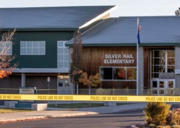 Police tape blocks access to Silver Rail Elementary School a day after a shooting at the school in Bend, Oregon, on Oct. 16, 2026.