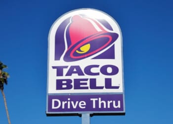 The Taco Bell signage is pictured during the daytime on July 14, 2026 in Pasadena, California.