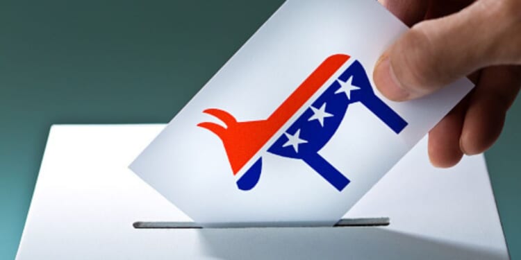 A person puts a ballot with a Democratic donkey symbol into a ballot box.