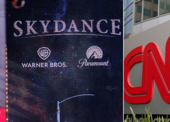 A Skydance billboard, left, is seen Tuesday outside of Paramount Global headquarters in Times Square in New York City. CNN was part of Paramount's $110 billion acquisition of Warner Bros. Discovery.