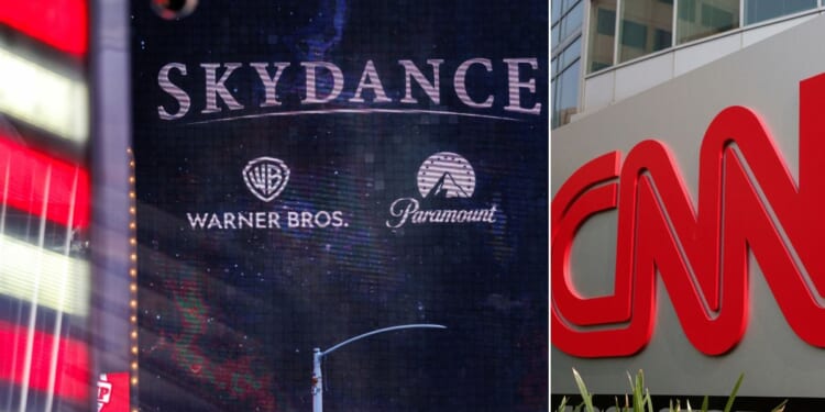 A Skydance billboard, left, is seen Tuesday outside of Paramount Global headquarters in Times Square in New York City. CNN was part of Paramount's $110 billion acquisition of Warner Bros. Discovery.