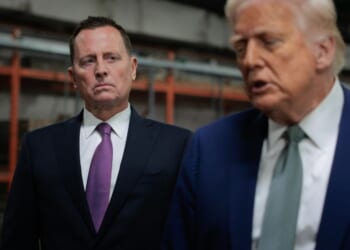 President Donald Trump speaks to the media alongside Richard Grenell, President of The Kennedy Center Board of Trustees, during a guided tour of the John F. Kennedy Center for the Performing Arts before leading a board meeting on March 17, 2025, in Washington, D.C.