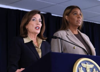 New York Gov. Kathy Hochul stands with New York Attorney General Letitia James at a news conference in Manhattan, where the governor announced a review of Cornell University’s initial response to allegations from a former student about being raped at a campus fraternity in 2024 on Oct. 2, 2026, in New York City.