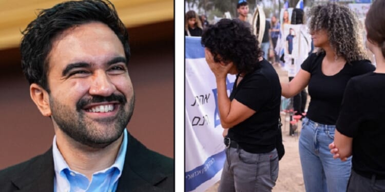 A grinning New York City Mayor Zohran Mamdani, left; grieving Israelis in a 2024 file photo, right.