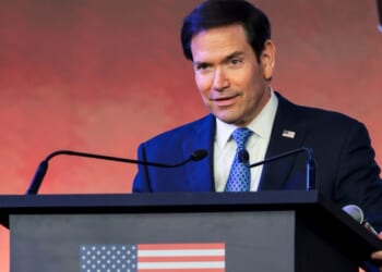 Secretary of State Marco Rubio speaks Tuesday during the Freedom 250 reception at the Jio World Convention Centre in Mumba, Indiai.