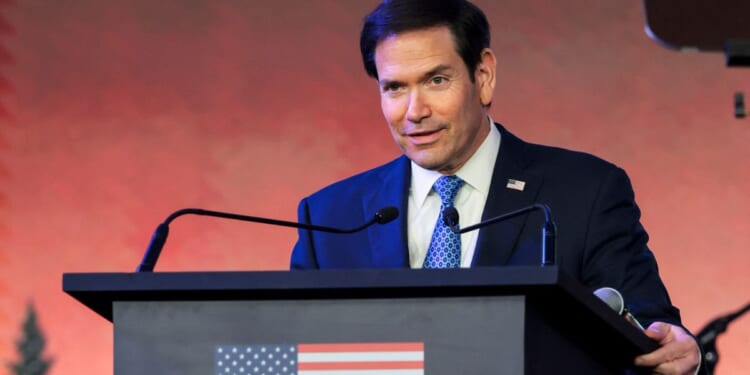 Secretary of State Marco Rubio speaks Tuesday during the Freedom 250 reception at the Jio World Convention Centre in Mumba, Indiai.