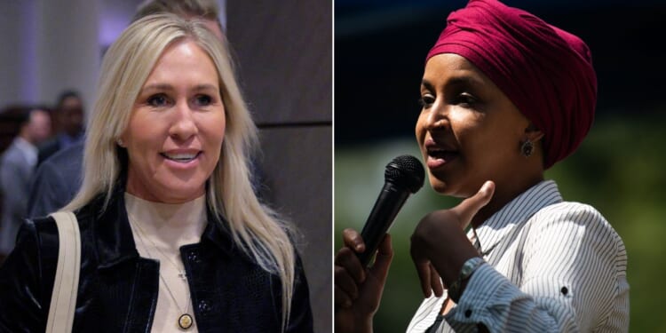 Former Georgia GOP Rep. Marjorie Taylor Greene, left, is now speaking out in defense of her former rival, Minnesota Democratic Rep. Ilhan Omar.
