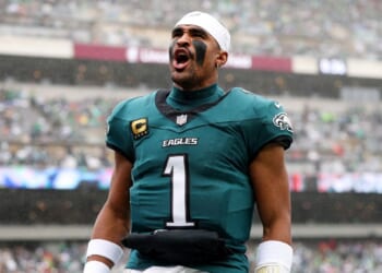 Jalen Hurts of the Philadelphia Eagles yells before a game against the Los Angeles Rams at Lincoln Financial Field on Oct. 4, 2026, in Philadelphia, Pennsylvania.