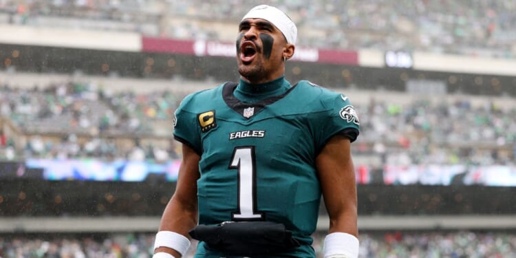 Jalen Hurts of the Philadelphia Eagles yells before a game against the Los Angeles Rams at Lincoln Financial Field on Oct. 4, 2026, in Philadelphia, Pennsylvania.