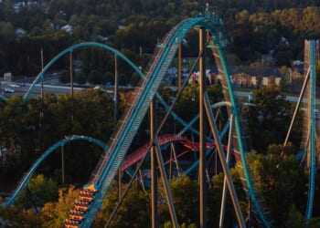 In this aerial view, the train of the Goliath roller coaster is seen on the track where it was evacuated at Six Flags over Georgia on Oct. 14, 2026, in Austell, Georgia.