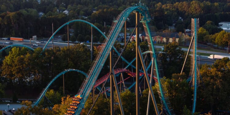 In this aerial view, the train of the Goliath roller coaster is seen on the track where it was evacuated at Six Flags over Georgia on Oct. 14, 2026, in Austell, Georgia.