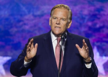 Michigan Republican Senate candidate, former Rep. Mike Rogers, speaks on stage on the second day of the 2026 Republican National Convention at the American Airlines Center on Sept. 10, 2026, in Dallas, Texas.