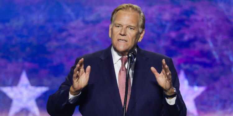 Michigan Republican Senate candidate, former Rep. Mike Rogers, speaks on stage on the second day of the 2026 Republican National Convention at the American Airlines Center on Sept. 10, 2026, in Dallas, Texas.