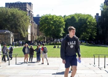 Students walk through the campus of Yale University on Sept. 27, 2018, in New Haven, Connecticut.
