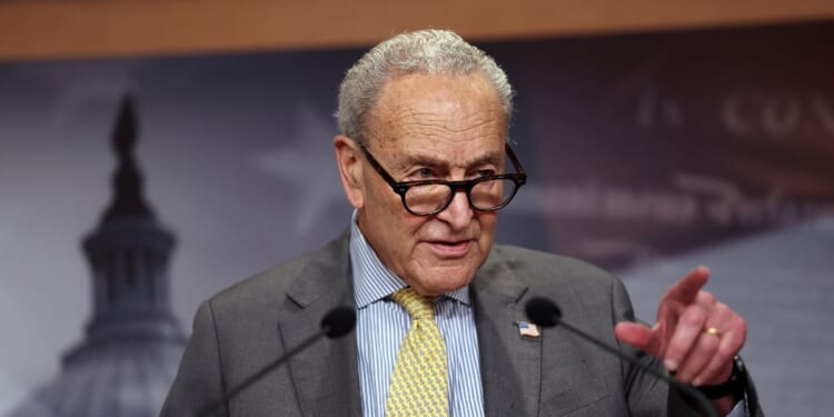 Senate Minority Leader Chuck Schumer takes a question during a press conference on China AI export controls at the U.S. Capitol on Sept. 23, 2026, in Washington, D.C.