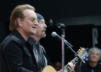 Bono performs during the dedication ceremony for the opening of the Barack Obama Presidential Center in John Lewis Plaza on June 18, 2026, in Chicago, Illinois.