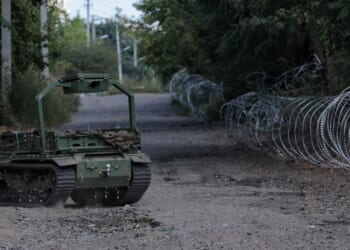 A ground robotic system drives along a road, delivering supplies on Sept. 4, 2026, in Druzhkivka, Donetsk Oblast, Ukraine.