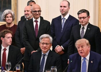 President Donald Trump, seated next to Nvidia CEO Jensen Huang and Meta CEO Mark Zuckerberg, left, speaks Tuesday during a meeting with technology executives about artificial intelligence in the East Room of the White House in Washington, D.C.