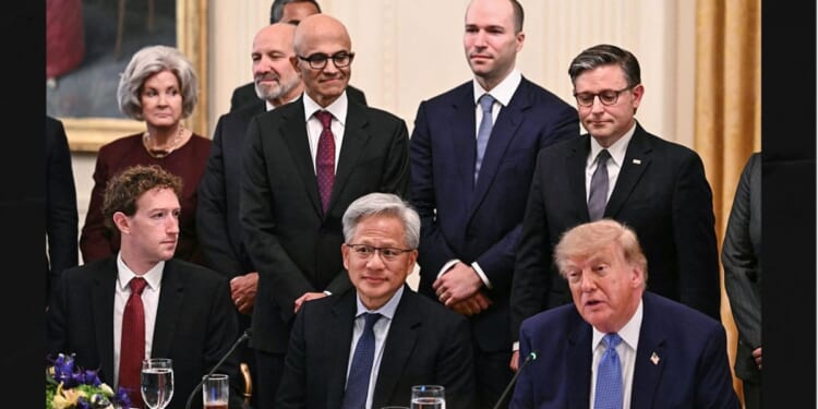 President Donald Trump, seated next to Nvidia CEO Jensen Huang and Meta CEO Mark Zuckerberg, left, speaks Tuesday during a meeting with technology executives about artificial intelligence in the East Room of the White House in Washington, D.C.