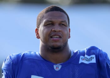 Alaric Jackson of the Los Angeles Rams looks on during the Los Angeles Rams Training Camp at Loyola Marymount University on July 31, 2026, in Los Angeles, California.