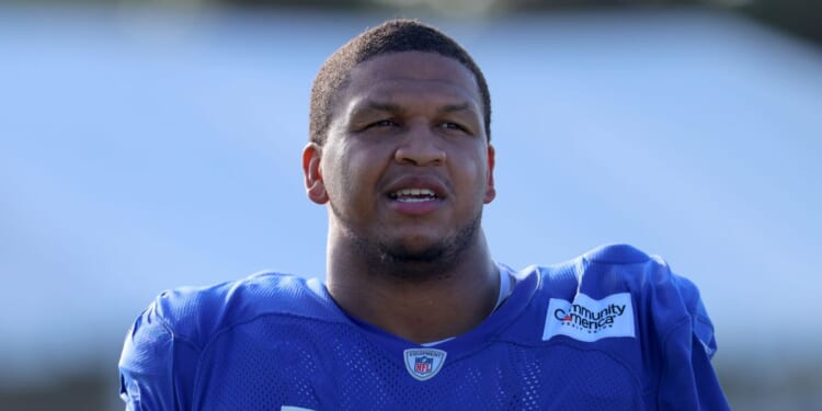 Alaric Jackson of the Los Angeles Rams looks on during the Los Angeles Rams Training Camp at Loyola Marymount University on July 31, 2026, in Los Angeles, California.